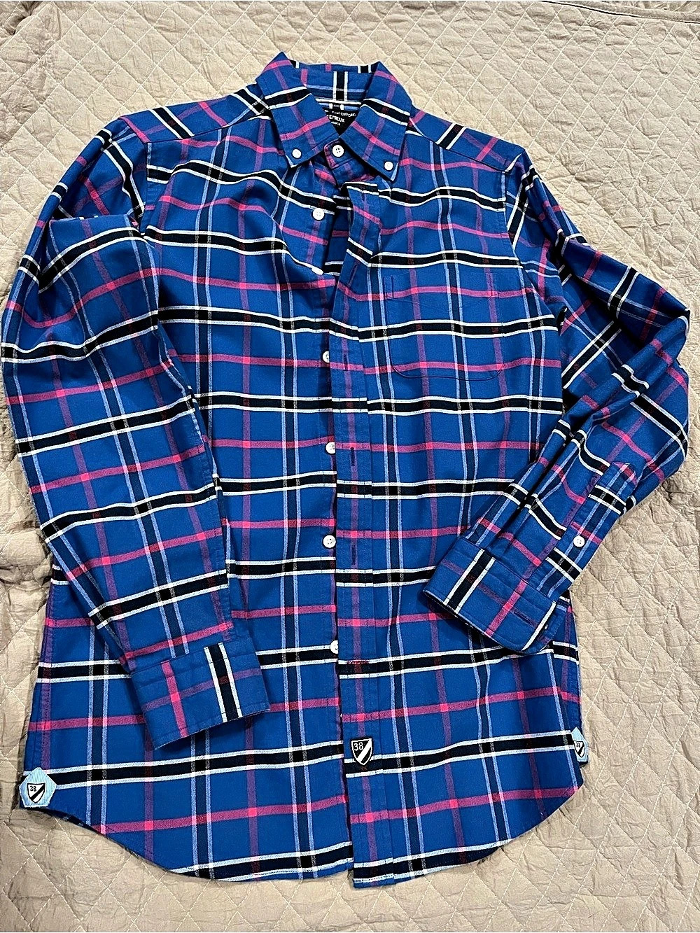 Cremeux Slim Fit Stretch Oxford Plaid Oxford Shirt in Blue & Pink Size Small